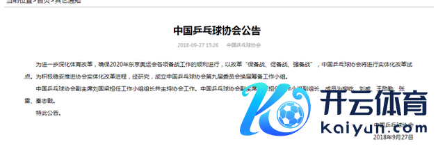 中国乒乓球协会官方网站公告